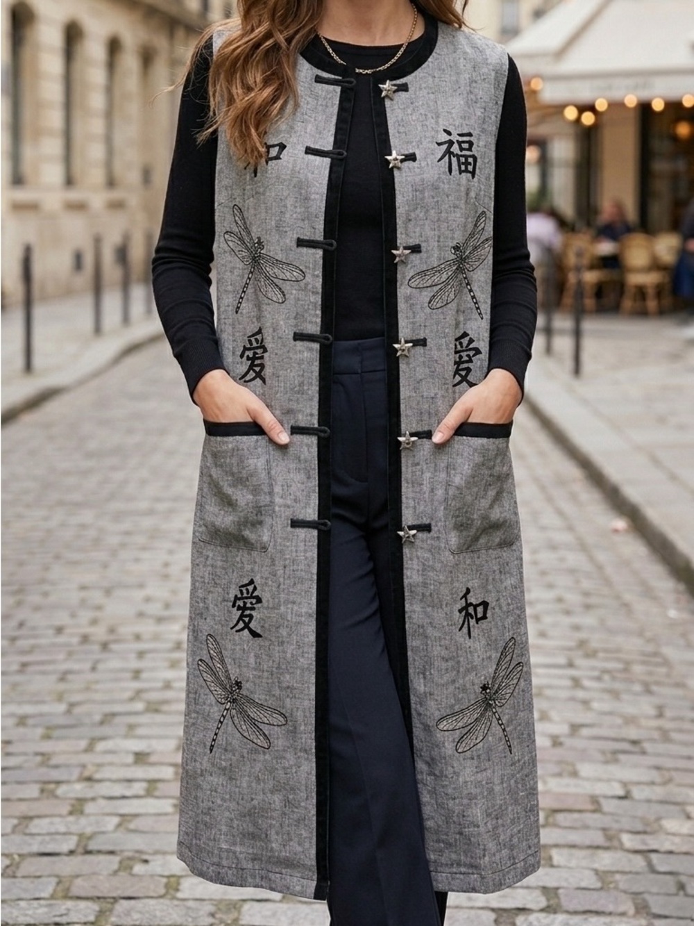 Venus Imports Vintage Asian Dragonfly Printed Mandarin Long Cotton Vest Small
